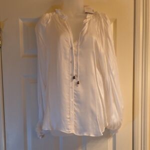 Women's White Button-Front Peasant Blouse with Tie Neck